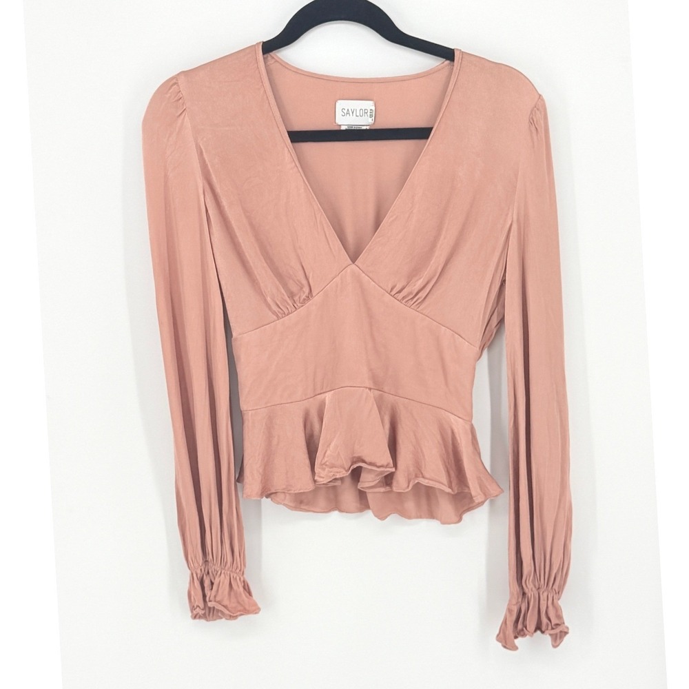 Saylor Women Coquette Y2K Pink Silky Shiny V-Neck Crop Top Balloon Sleeve Small